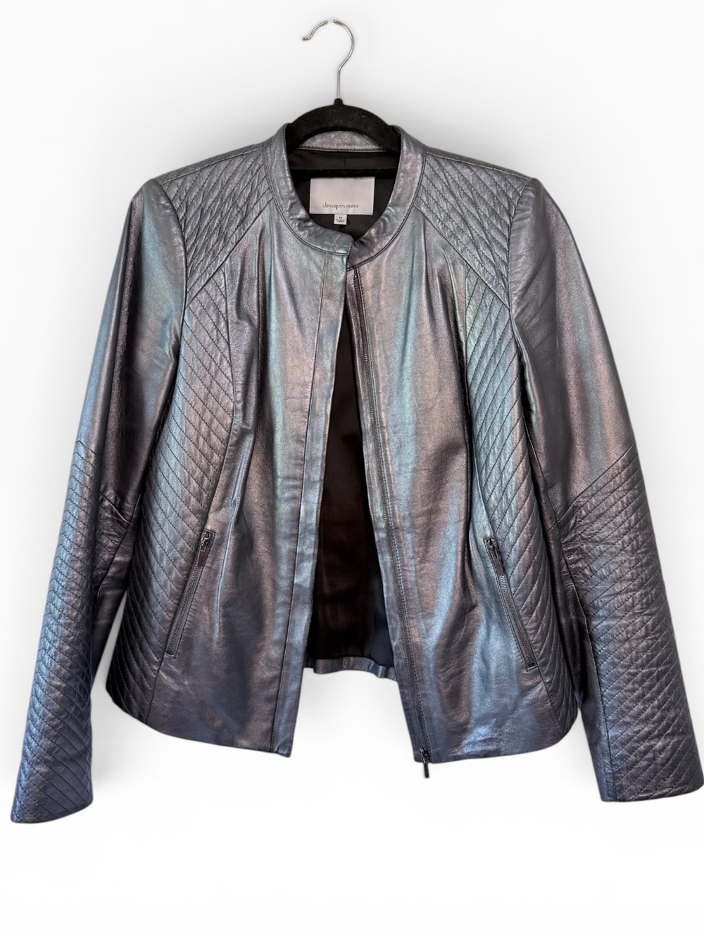 Classiques Enteir Metallic Quilted Leather Jacket Silver Grey Size Medium